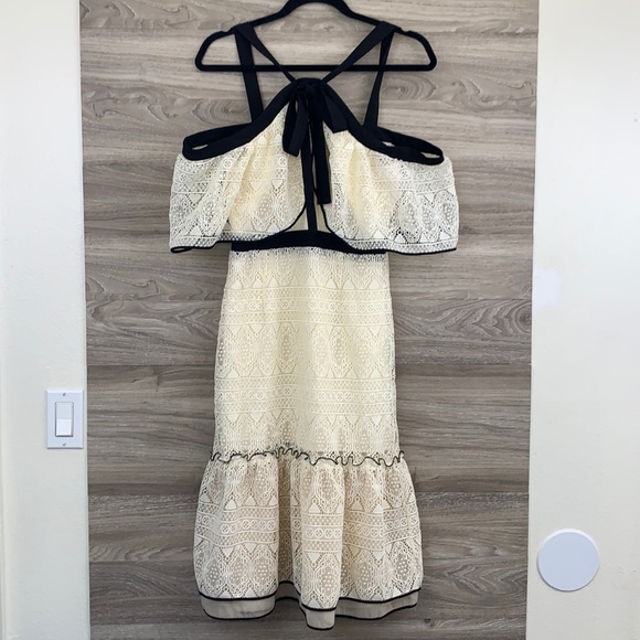 Adelyn Rae cream ivory black crochet lace halter off the shoulder tulip dress - Picture 3 of 10